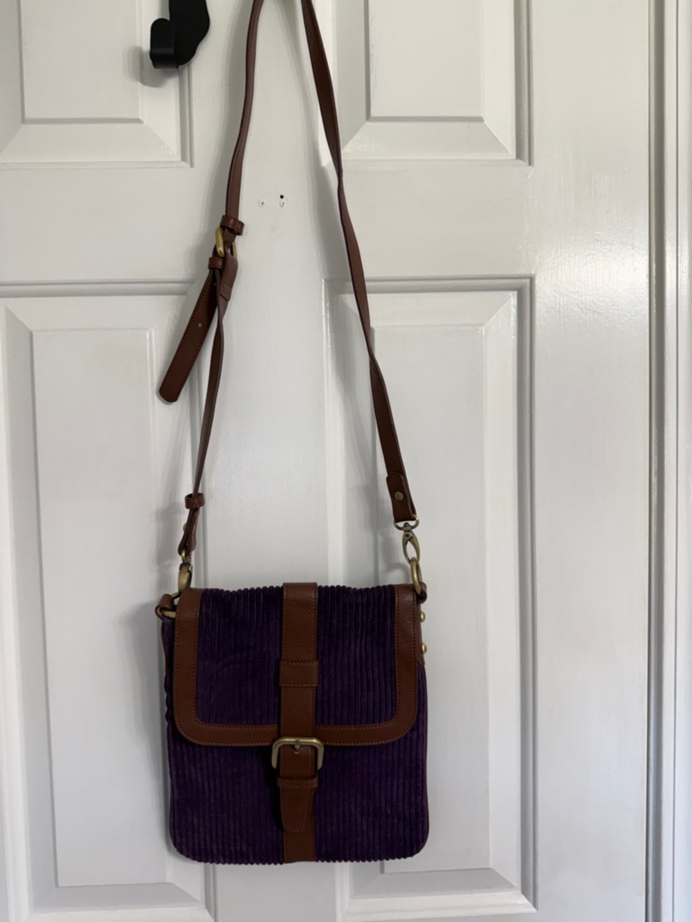 Coldwater Creek Purple Corduroy Crossbody with Brown Trim